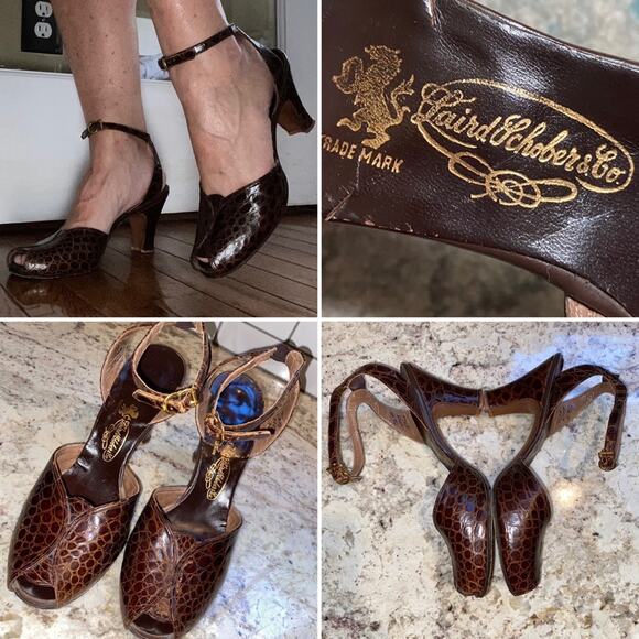 Laird Schober & Co. Vintage 40s Peep Toe Pinup Ankle Strap Alligator Pump 7.5 B - Picture 1 of 16